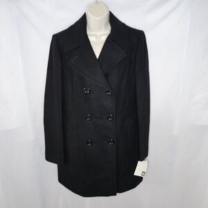 New Womens Anne Klein Black Double Breasted Pea Coat Lined Wool Blend Size S